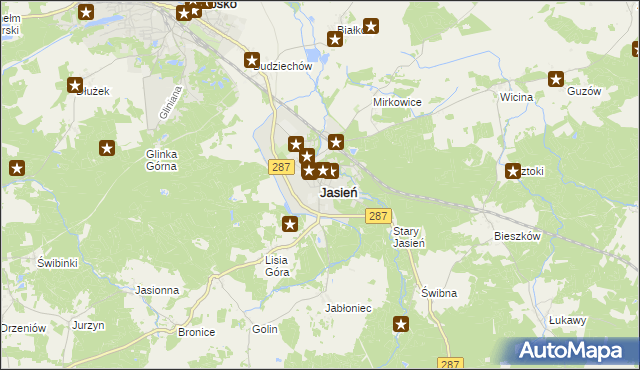 mapa Jasień powiat żarski, Jasień powiat żarski na mapie Targeo