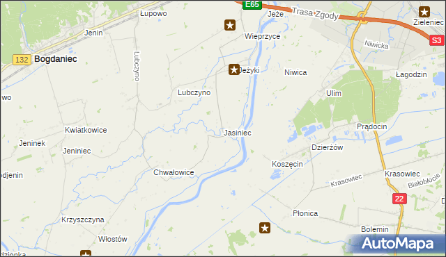 mapa Jasiniec gmina Bogdaniec, Jasiniec gmina Bogdaniec na mapie Targeo