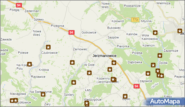 mapa Jerzmanowice gmina Jerzmanowice-Przeginia, Jerzmanowice gmina Jerzmanowice-Przeginia na mapie Targeo
