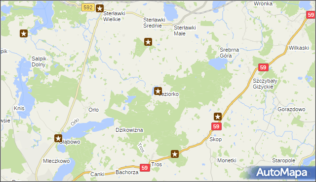 mapa Jeziorko gmina Ryn, Jeziorko gmina Ryn na mapie Targeo