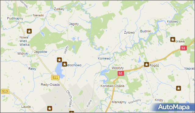 mapa Koniewo gmina Lidzbark Warmiński, Koniewo gmina Lidzbark Warmiński na mapie Targeo