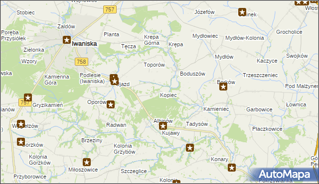 mapa Kopiec gmina Iwaniska, Kopiec gmina Iwaniska na mapie Targeo