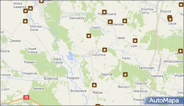 mapa Korytnica gmina Sobków, Korytnica gmina Sobków na mapie Targeo
