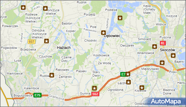 mapa Kostkowice gmina Dębowiec, Kostkowice gmina Dębowiec na mapie Targeo