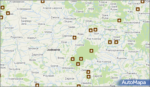mapa Kostrza gmina Jodłownik, Kostrza gmina Jodłownik na mapie Targeo