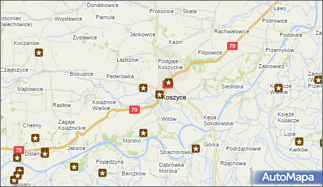 mapa Koszyce powiat proszowicki, Koszyce powiat proszowicki na mapie Targeo