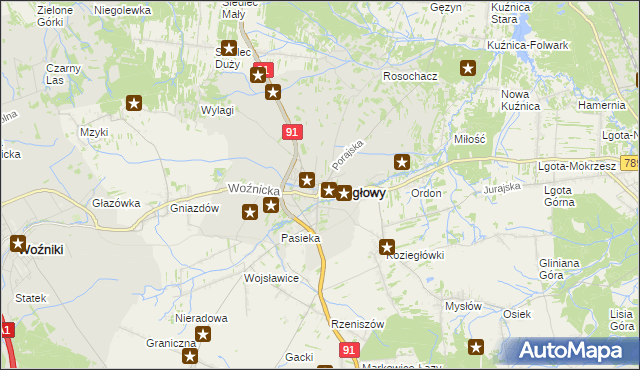 mapa Koziegłowy powiat myszkowski, Koziegłowy powiat myszkowski na mapie Targeo