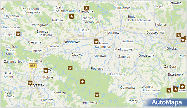 mapa Kozłówek gmina Wiśniowa, Kozłówek gmina Wiśniowa na mapie Targeo