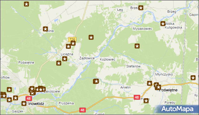 mapa Kozłowiec gmina Poświętne, Kozłowiec gmina Poświętne na mapie Targeo