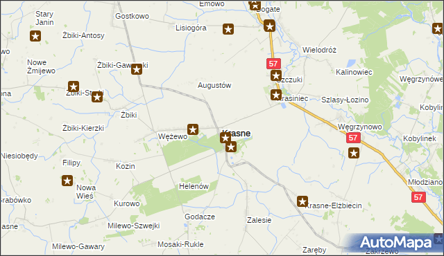 mapa Krasne powiat przasnyski, Krasne powiat przasnyski na mapie Targeo