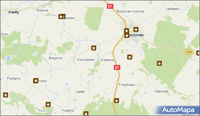 mapa Krzewina gmina Bisztynek, Krzewina gmina Bisztynek na mapie Targeo
