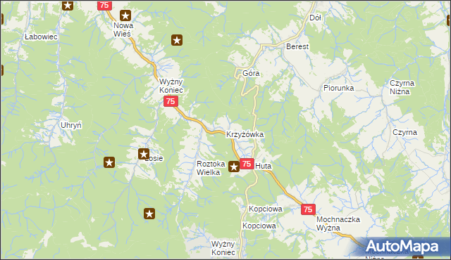 mapa Krzyżówka gmina Łabowa, Krzyżówka gmina Łabowa na mapie Targeo