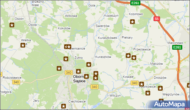 mapa Kuraszków gmina Oborniki Śląskie, Kuraszków gmina Oborniki Śląskie na mapie Targeo