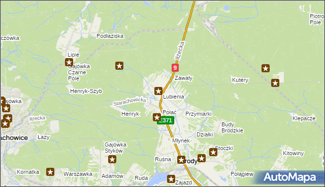 mapa Lubienia gmina Brody, Lubienia gmina Brody na mapie Targeo