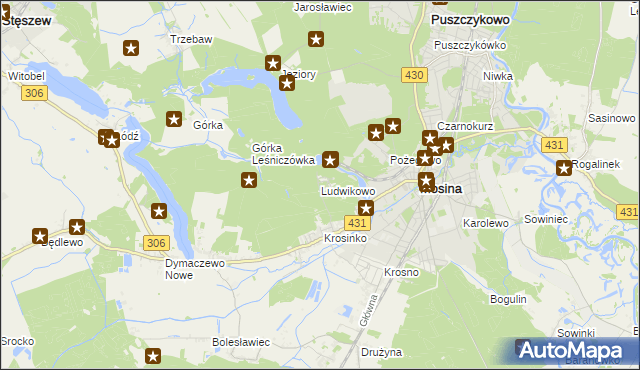 mapa Ludwikowo gmina Mosina, Ludwikowo gmina Mosina na mapie Targeo