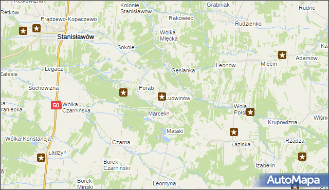 mapa Ludwinów gmina Jakubów, Ludwinów gmina Jakubów na mapie Targeo