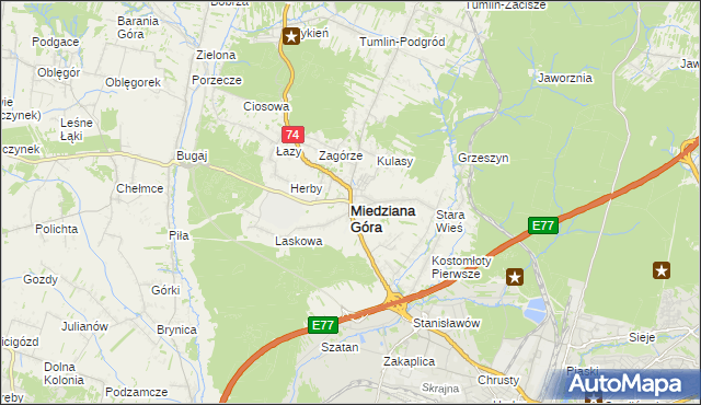 mapa Miedziana Góra powiat kielecki, Miedziana Góra powiat kielecki na mapie Targeo
