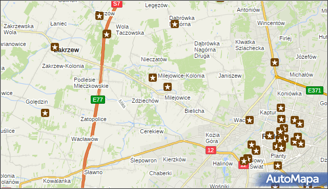 mapa Milejowice gmina Zakrzew, Milejowice gmina Zakrzew na mapie Targeo