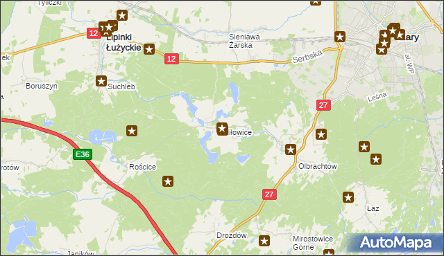 mapa Miłowice gmina Żary, Miłowice gmina Żary na mapie Targeo