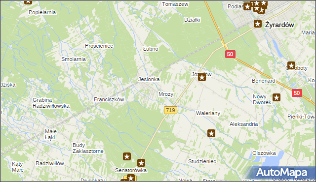 mapa Mrozy gmina Puszcza Mariańska, Mrozy gmina Puszcza Mariańska na mapie Targeo