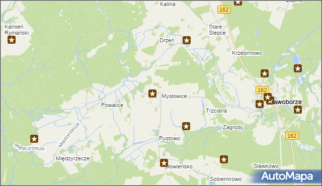 mapa Mysłowice gmina Sławoborze, Mysłowice gmina Sławoborze na mapie Targeo