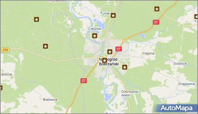 mapa Nowogród Bobrzański, Nowogród Bobrzański na mapie Targeo