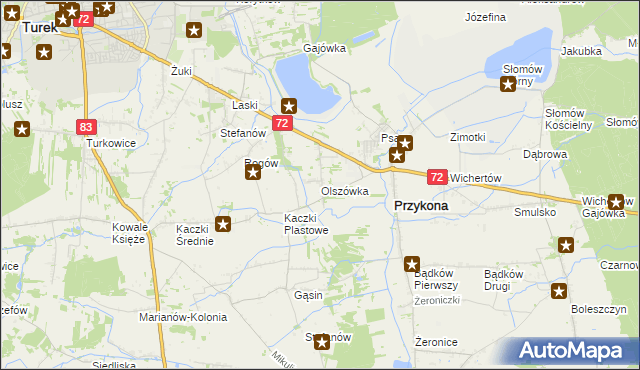 mapa Olszówka gmina Przykona, Olszówka gmina Przykona na mapie Targeo