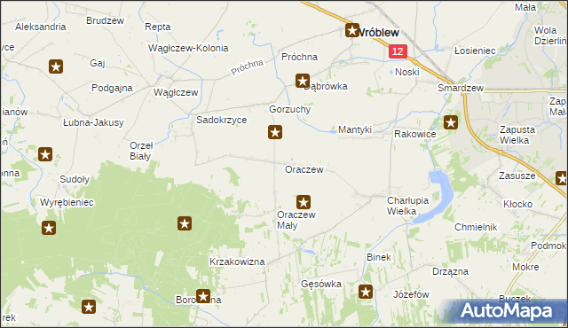mapa Oraczew gmina Wróblew, Oraczew gmina Wróblew na mapie Targeo