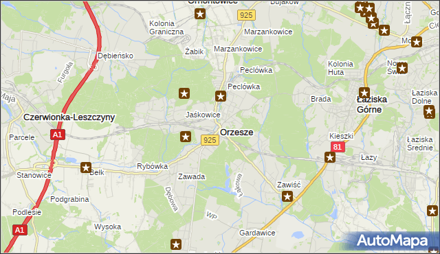 mapa Orzesze powiat mikołowski, Orzesze powiat mikołowski na mapie Targeo