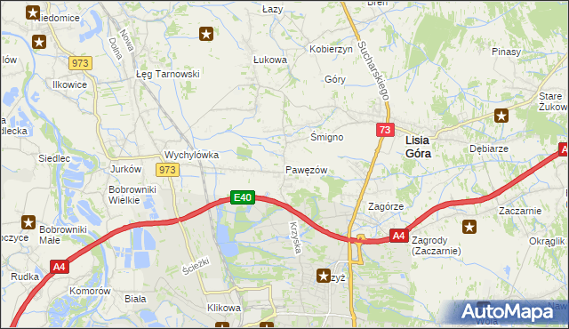 mapa Pawęzów gmina Lisia Góra, Pawęzów gmina Lisia Góra na mapie Targeo