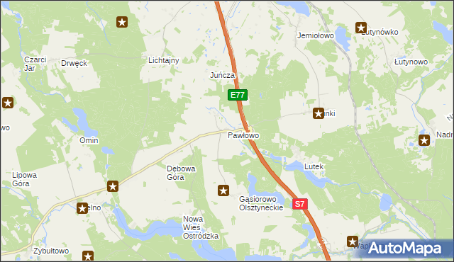 mapa Pawłowo gmina Olsztynek, Pawłowo gmina Olsztynek na mapie Targeo
