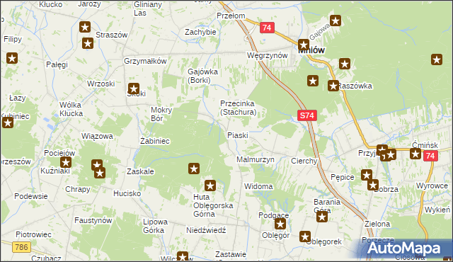 mapa Piaski gmina Mniów, Piaski gmina Mniów na mapie Targeo