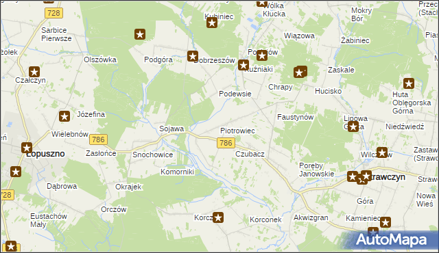 mapa Piotrowiec gmina Łopuszno, Piotrowiec gmina Łopuszno na mapie Targeo