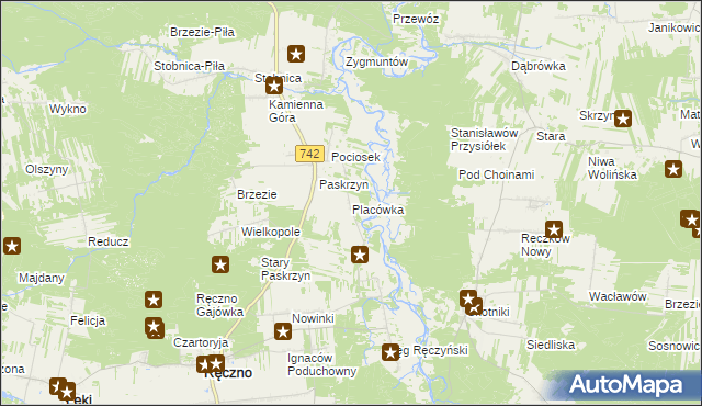mapa Placówka gmina Ręczno, Placówka gmina Ręczno na mapie Targeo