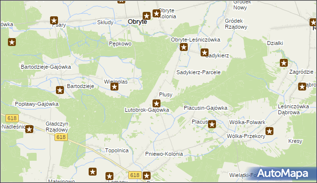 mapa Płusy gmina Obryte, Płusy gmina Obryte na mapie Targeo