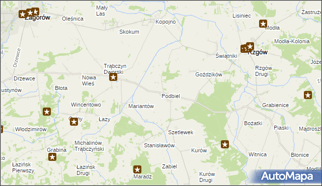 mapa Podbiel gmina Zagórów, Podbiel gmina Zagórów na mapie Targeo