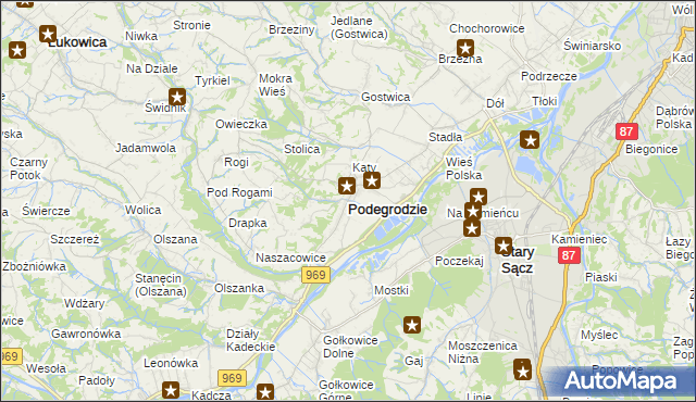 mapa Podegrodzie powiat nowosądecki, Podegrodzie powiat nowosądecki na mapie Targeo
