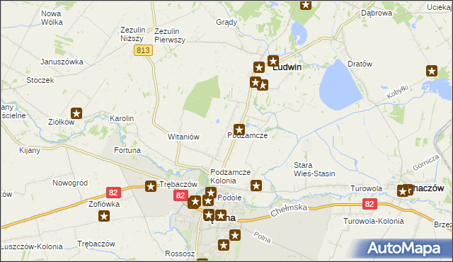 mapa Podzamcze gmina Łęczna, Podzamcze gmina Łęczna na mapie Targeo