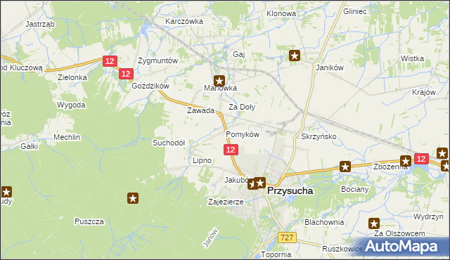 mapa Pomyków gmina Przysucha, Pomyków gmina Przysucha na mapie Targeo