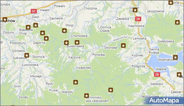 mapa Ponikiew gmina Wadowice, Ponikiew gmina Wadowice na mapie Targeo