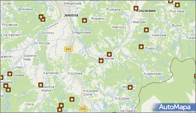mapa Przyborów gmina Jeleśnia, Przyborów gmina Jeleśnia na mapie Targeo