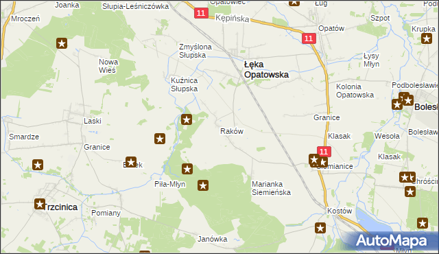 mapa Raków gmina Łęka Opatowska, Raków gmina Łęka Opatowska na mapie Targeo