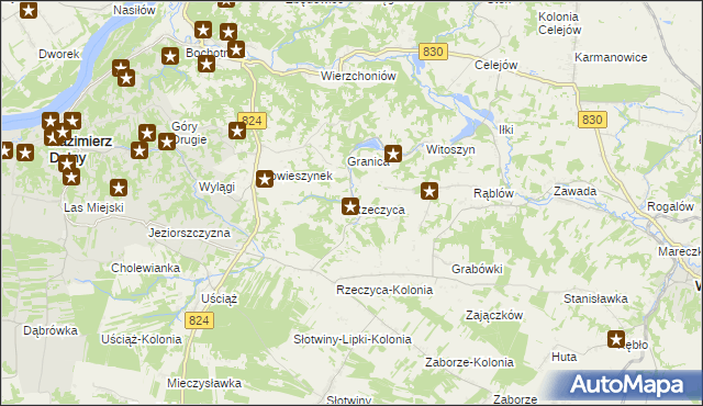 mapa Rzeczyca gmina Kazimierz Dolny, Rzeczyca gmina Kazimierz Dolny na mapie Targeo