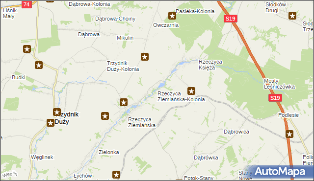 mapa Rzeczyca Ziemiańska-Kolonia, Rzeczyca Ziemiańska-Kolonia na mapie Targeo
