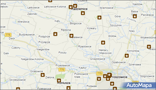 mapa Rzędowice gmina Koniusza, Rzędowice gmina Koniusza na mapie Targeo