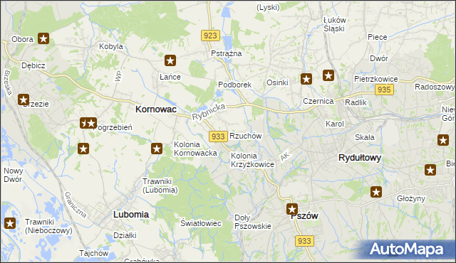 mapa Rzuchów gmina Kornowac, Rzuchów gmina Kornowac na mapie Targeo