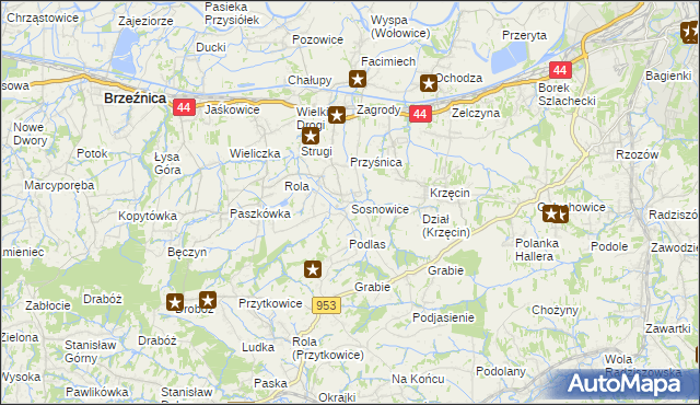 mapa Sosnowice gmina Brzeźnica, Sosnowice gmina Brzeźnica na mapie Targeo