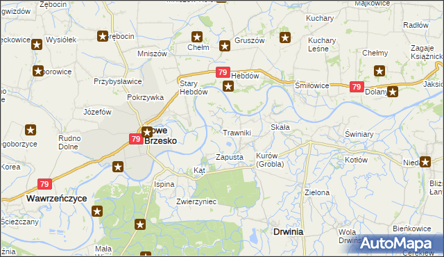mapa Trawniki gmina Drwinia, Trawniki gmina Drwinia na mapie Targeo