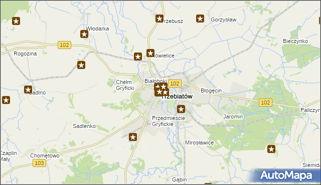 mapa Trzebiatów powiat gryficki, Trzebiatów powiat gryficki na mapie Targeo