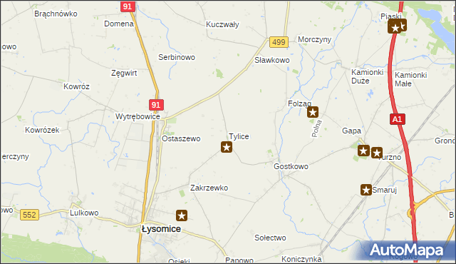 mapa Tylice gmina Łysomice, Tylice gmina Łysomice na mapie Targeo
